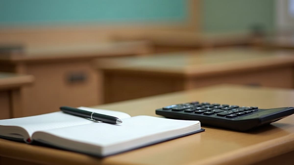 Salle de classe vide avec un bureau, un cahier ouvert, un stylo et une calculatrice