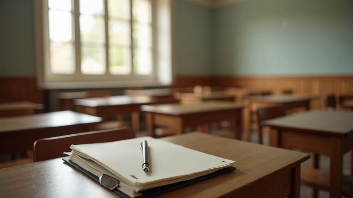 Salle de classe vide avec des tables en bois et un bureau d’enseignant portant un dossier et un stylo