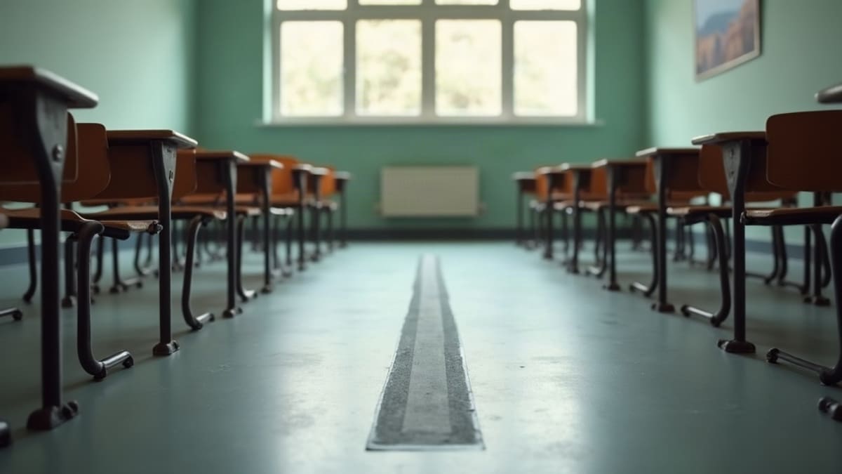 Salle de classe vide dont le sol est coupé en deux par une ligne de craie, tables repoussées contre les murs