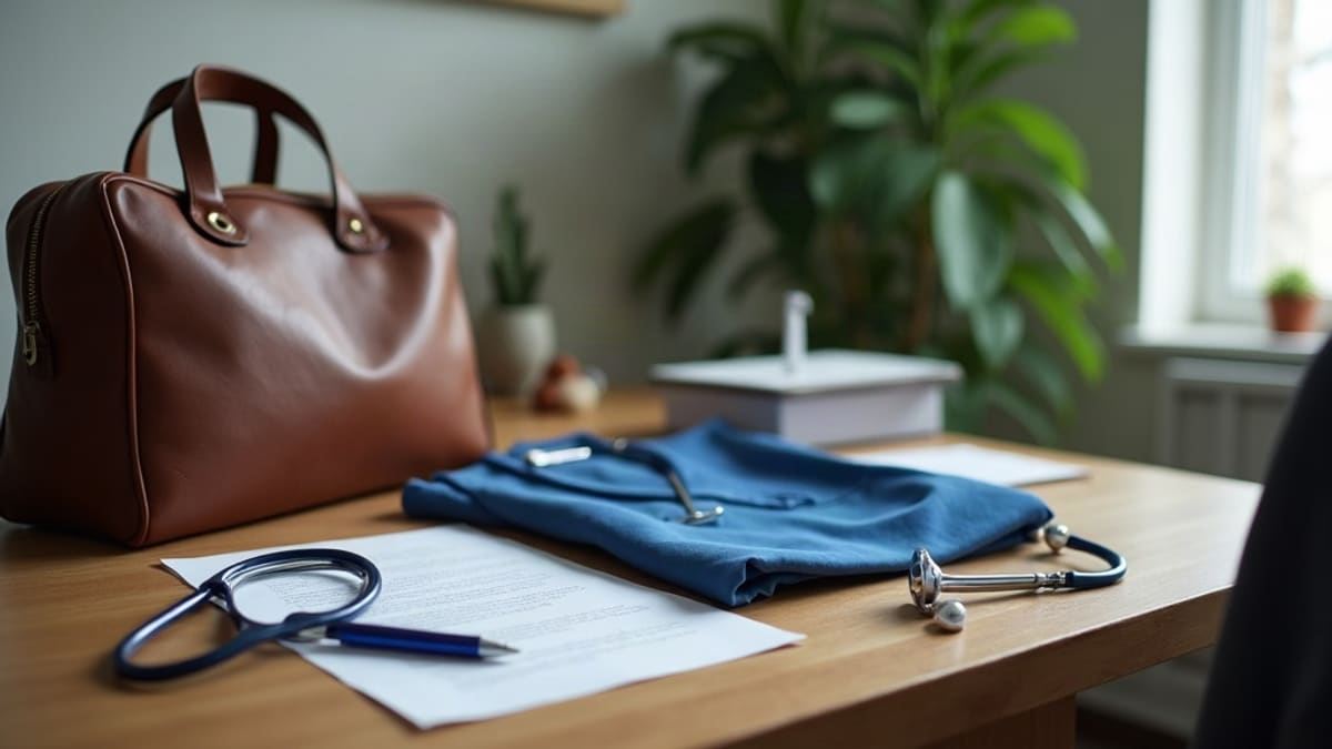 Bureau d’infirmière avec un contrat de remplacement, un stylo, un stéthoscope et une tunique pliée