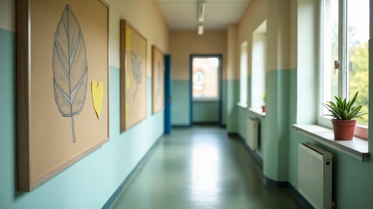 Couloir d’école vide avec un panneau d’affichage orné d’une feuille dessinée et une petite plante sur le rebord d’une fenêtre