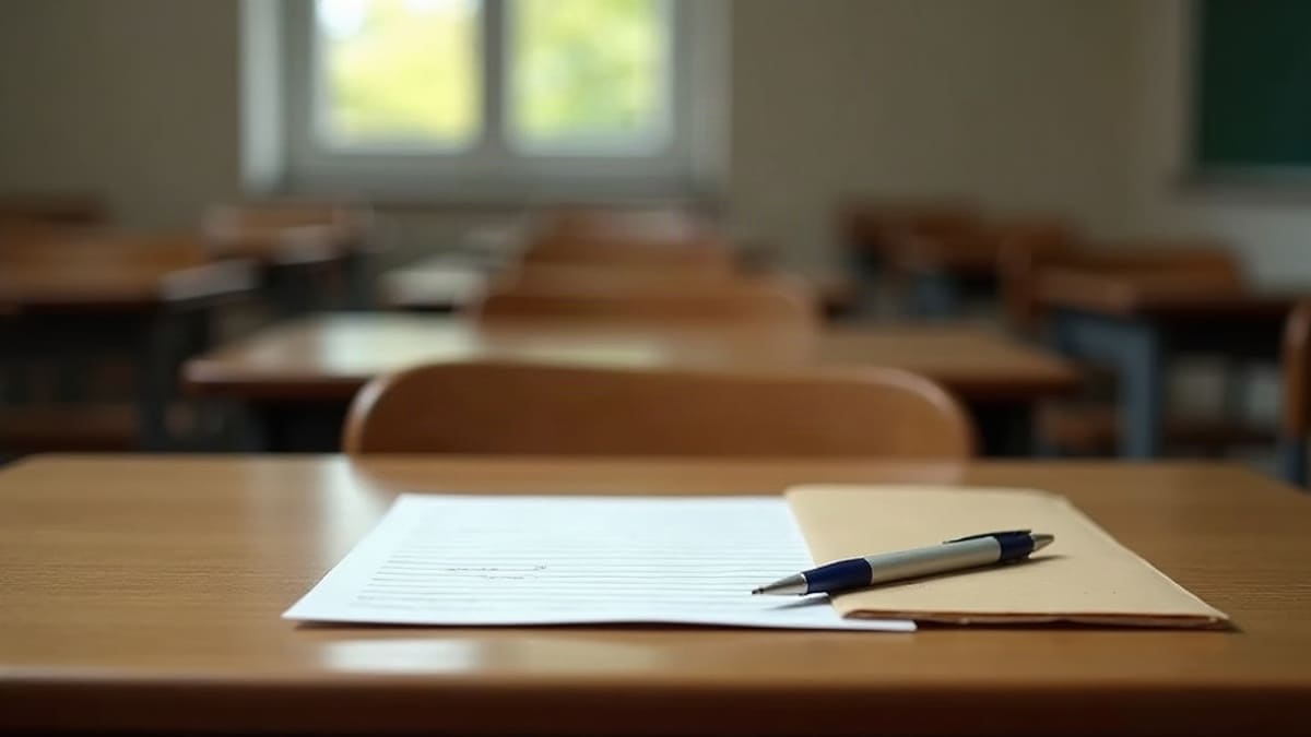 Un bureau d’école avec une feuille, un stylo et une enveloppe dans une salle de classe vide