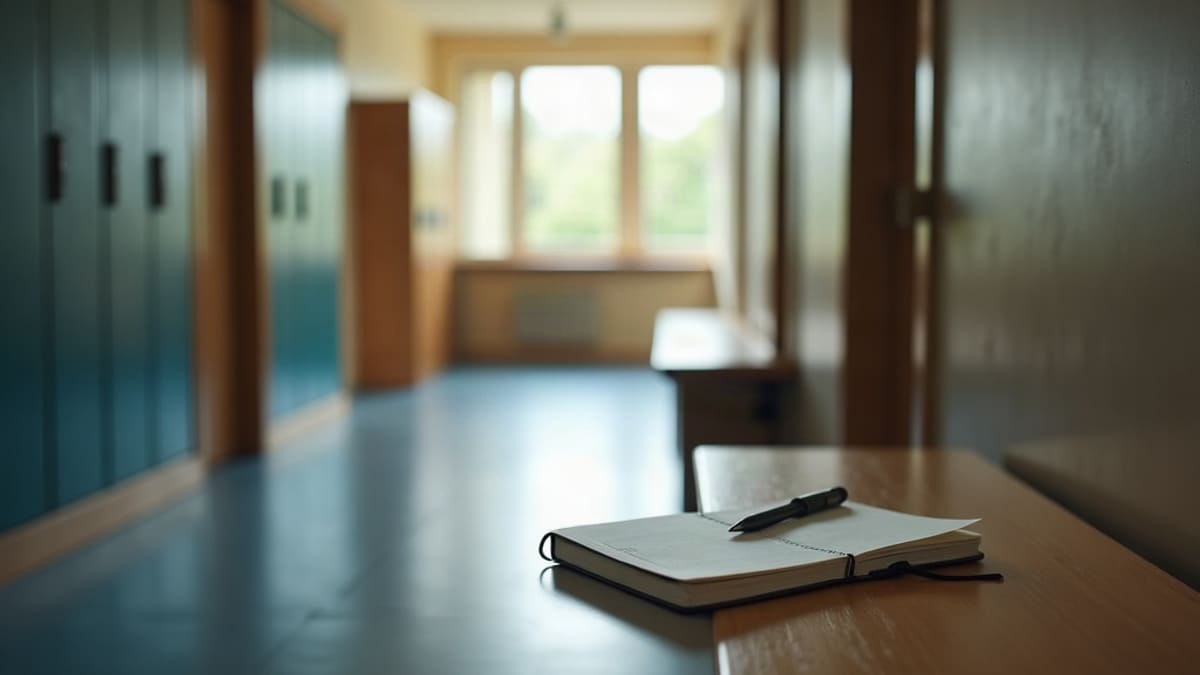 Couloir de lycée vide avec des casiers et, sur un banc, un cahier fermé et un stylo