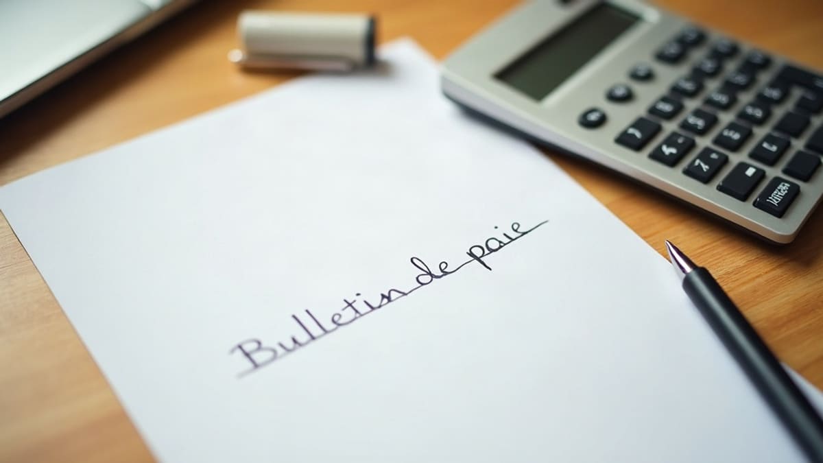 Feuille de paie posée sur un bureau en bois à côté d’une calculatrice et d’un stylo