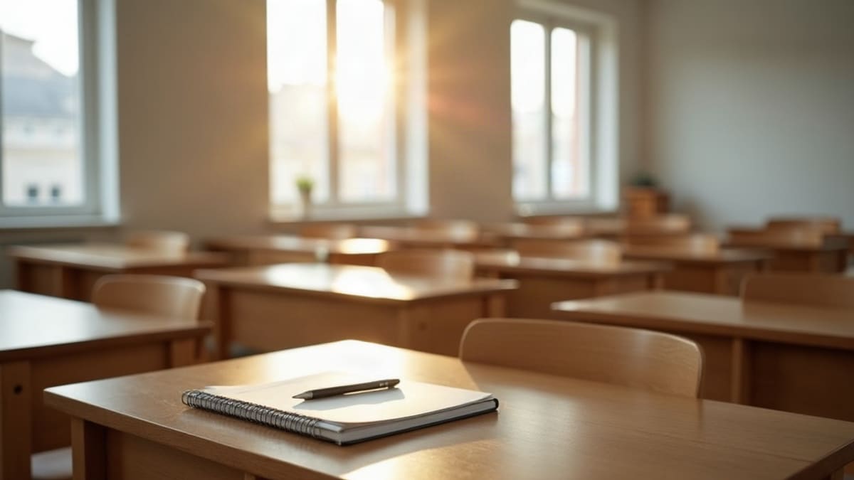 Salle de classe vide avec des bureaux en bois et, sur le bureau de l’enseignant, un cahier fermé et un stylo