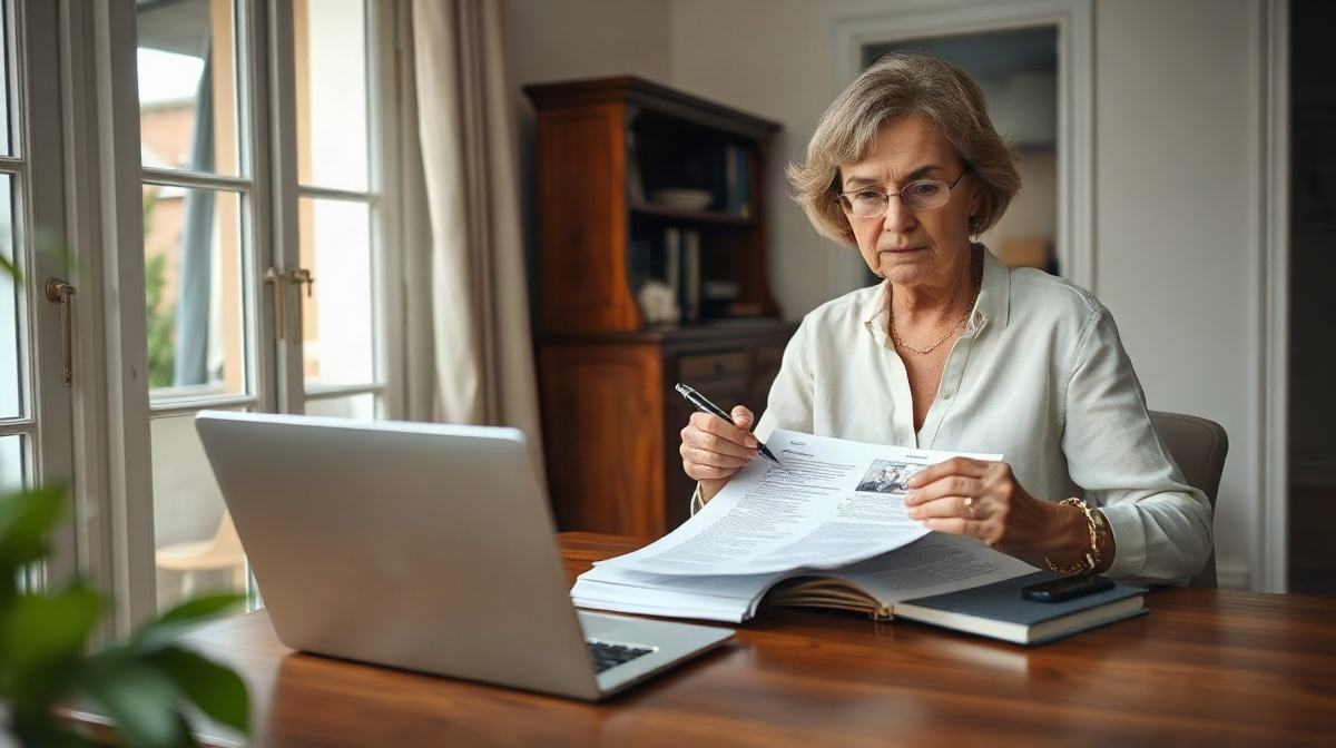 Femme consultant des documents à table, ordinateur affichant des visages à côté