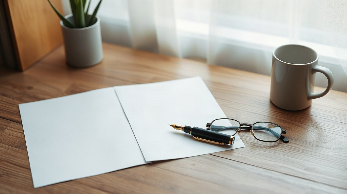 Trois feuilles blanches, stylo-plume fermé, lunettes et tasse sur bureau
