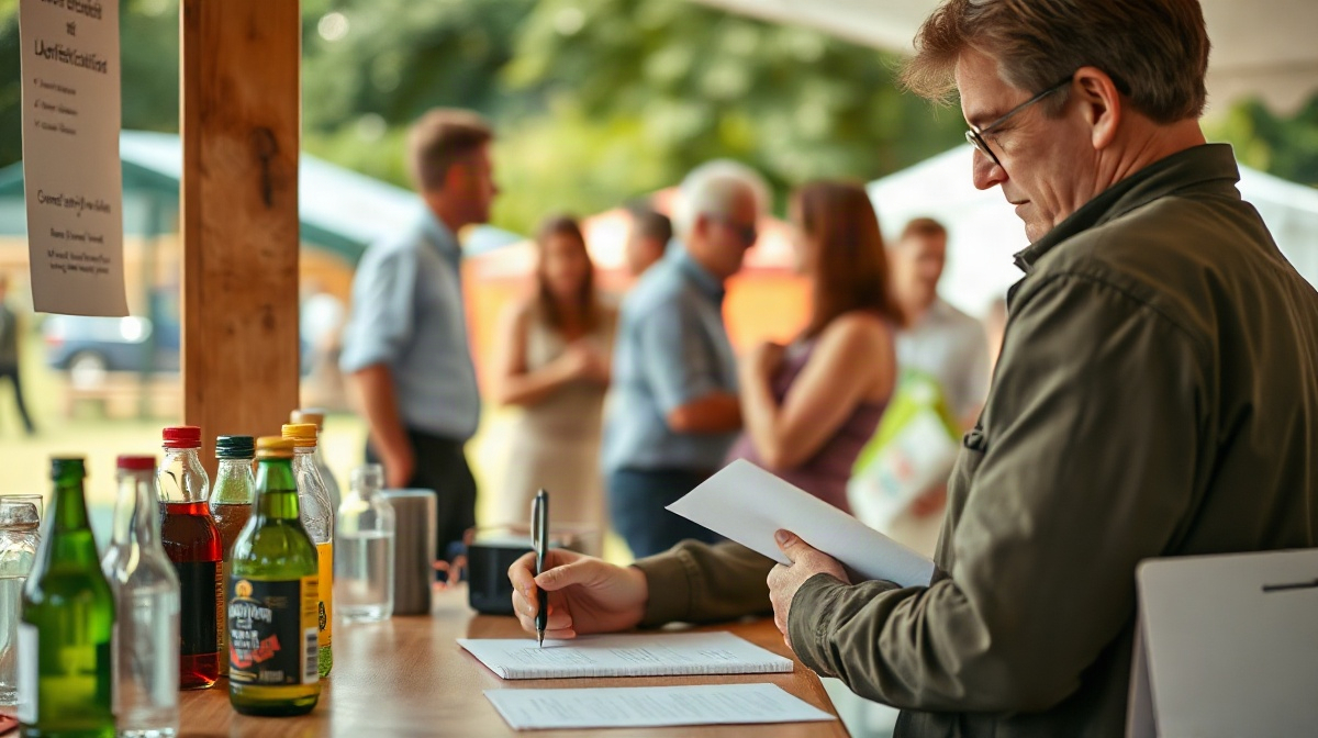 Bénévole examinant des documents officiels sur un stand de boissons