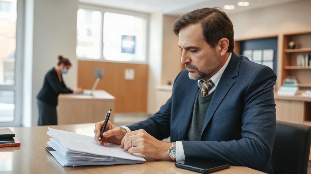 Trésorier d’association consultant des documents avec un conseiller bancaire à proximité