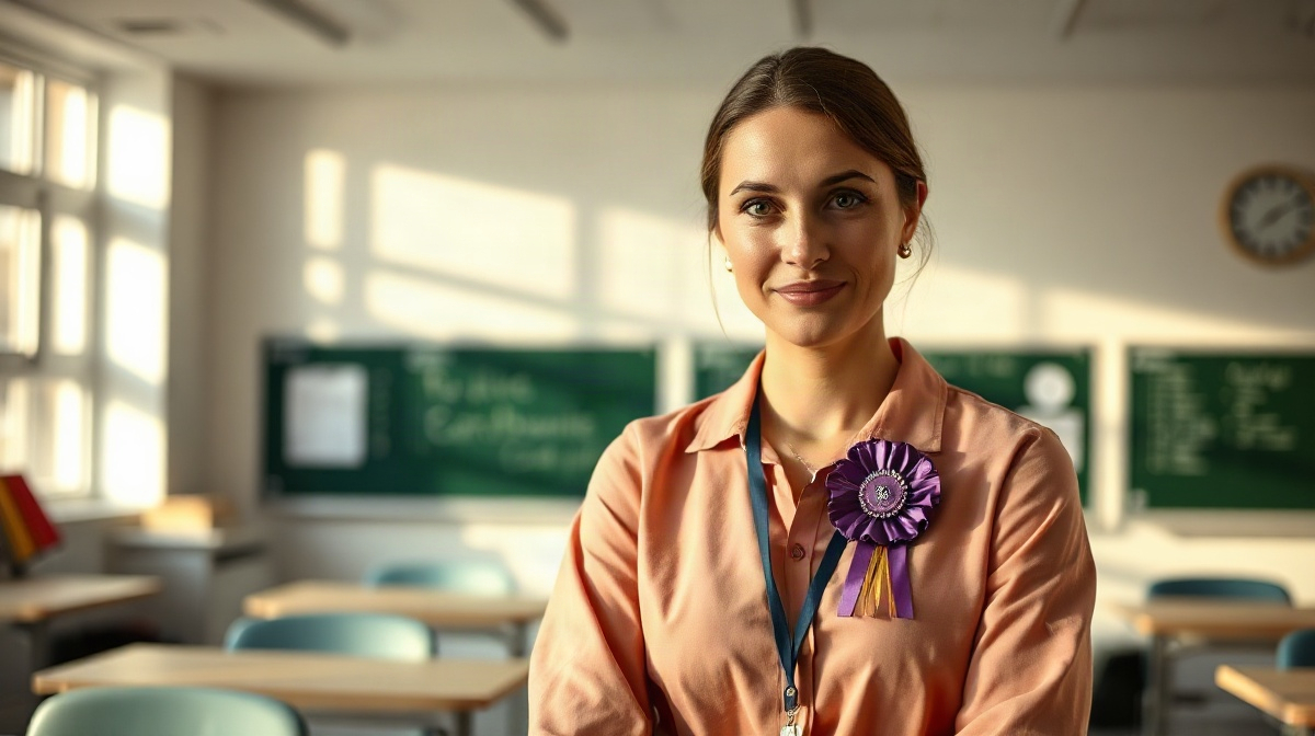 Professeur portant une rosette violette dans une salle de classe moderne