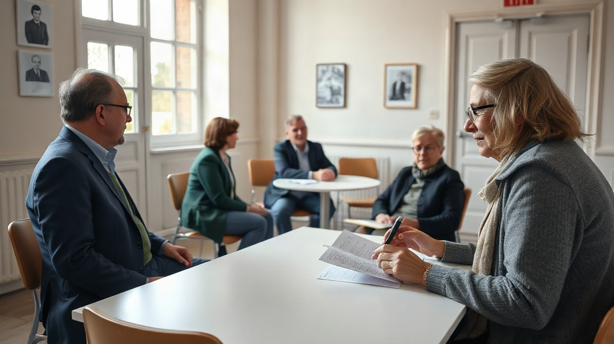 Réunion associative, responsable consultant des documents tandis que plusieurs chaises restent vides
