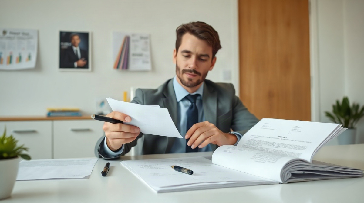 Administrateur assis examinant des documents vierges et une enveloppe officielle