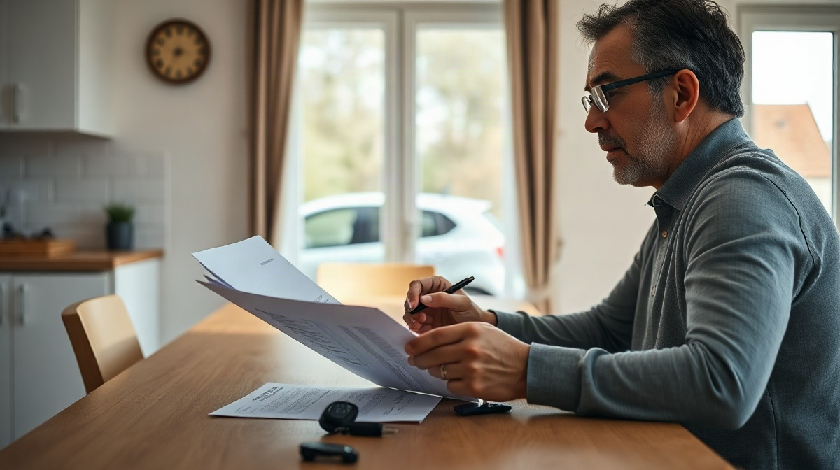 Adulte à table examinant des documents, avec stylo et clés de voiture