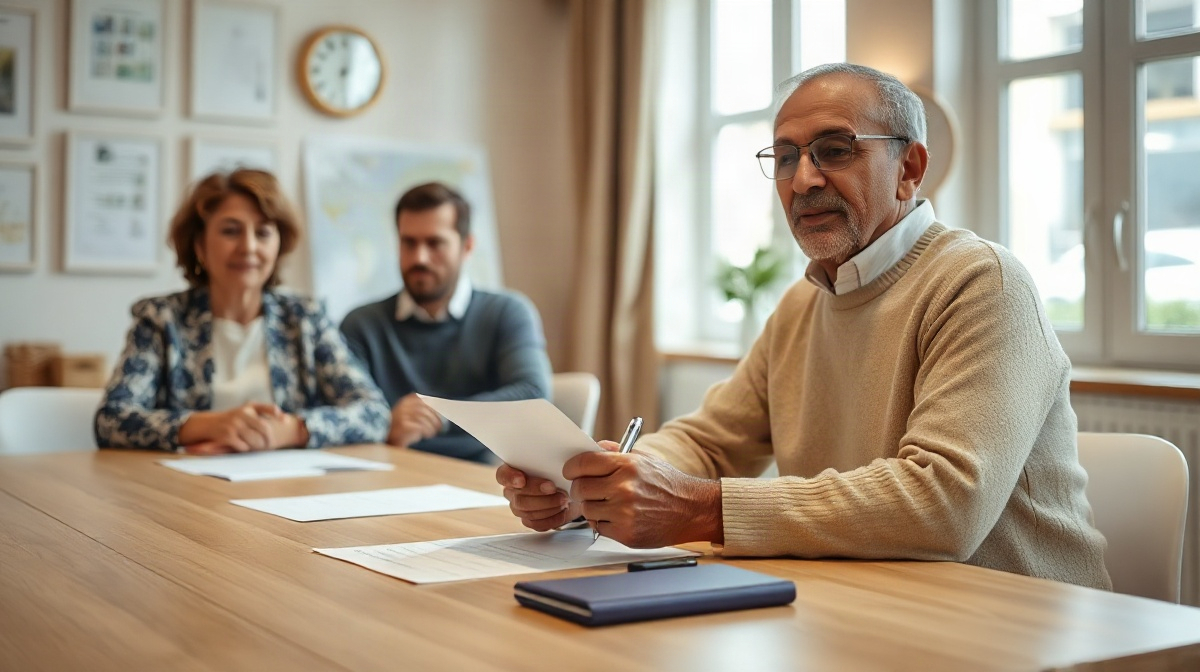 Trésorier d’association examinant des documents papier à table, deux membres écoutent