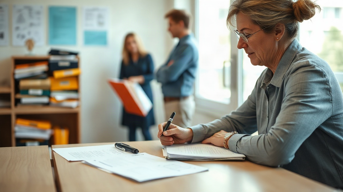 Bénévole assis examinant des formulaires vierges, une autre personne range des dossiers en arrière-plan